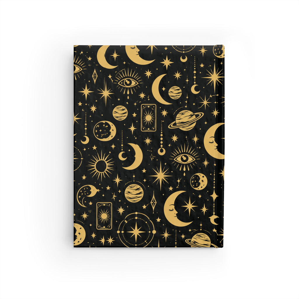 Celestial Mystic lined journal standing upright, showing the full gold celestial pattern