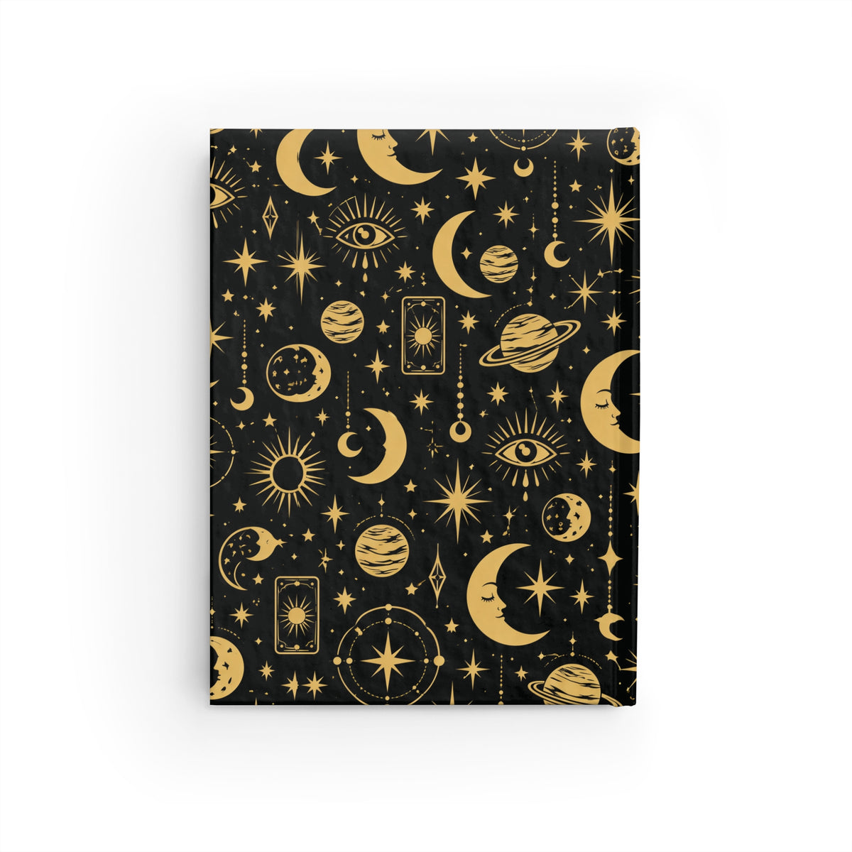 Celestial Mystic lined journal standing upright, showing the full gold celestial pattern
