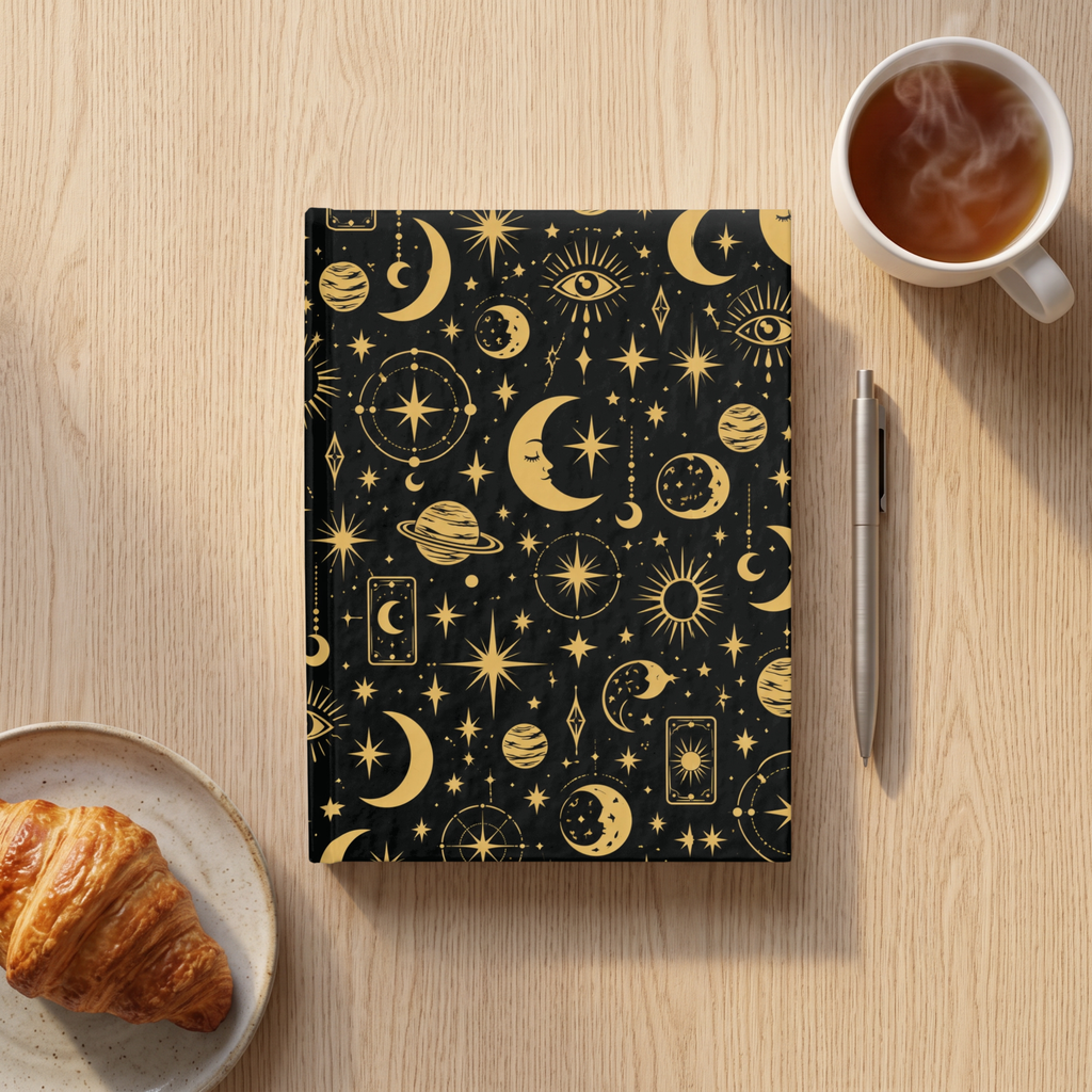A black notebook with a gold celestial pattern of moons, stars, and planets, styled on a light wood table with a cup of tea, a pen, and a croissant.