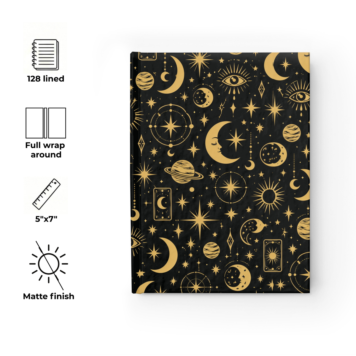 A black notebook cover with a gold celestial pattern of moons, stars, and planets, shown next to feature icons for 128 lined pages, full wrap-around construction, 5x7 inch size, and matte finish.