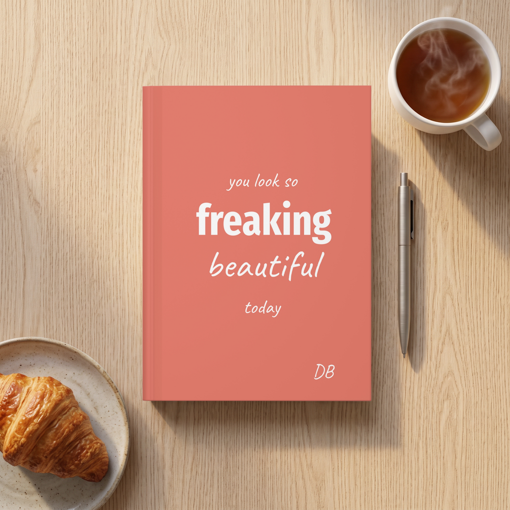 Coral Freaking Beautiful journal on a table next to a coffee and a croissant