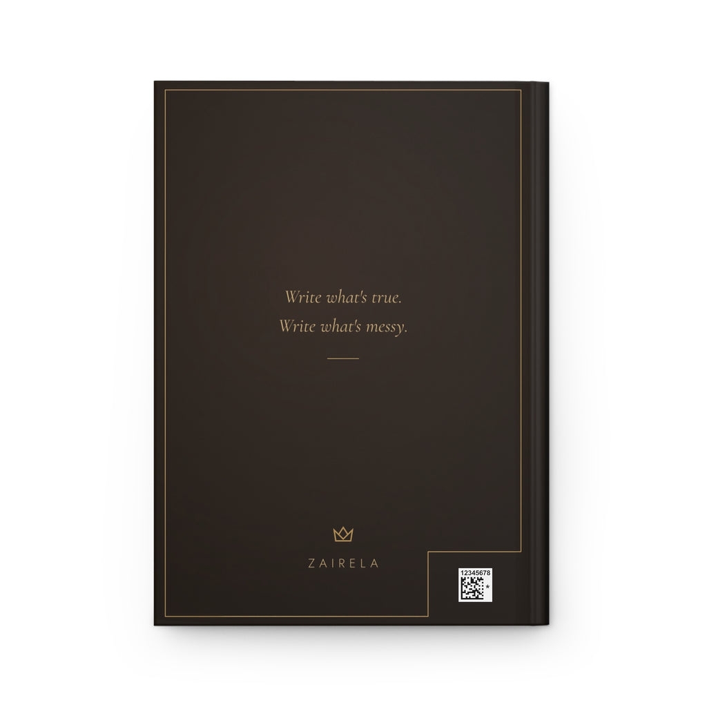 Back cover of the Don't Flinch journal with the italic line Write what's true. Write what's messy., a crown and ZAIRELA, plus a small production barcode