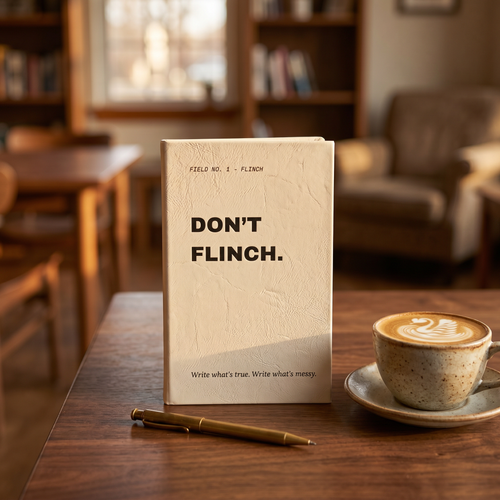 Close-up of Don't Flinch journal cover with Field No. 1 Flinch label and bold typography