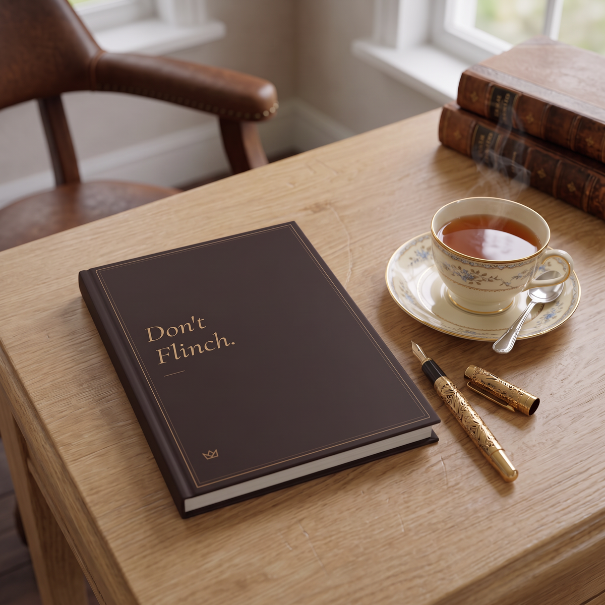 Don't Flinch dark brown hardcover journal on a wooden desk beside a cup of tea and a pen