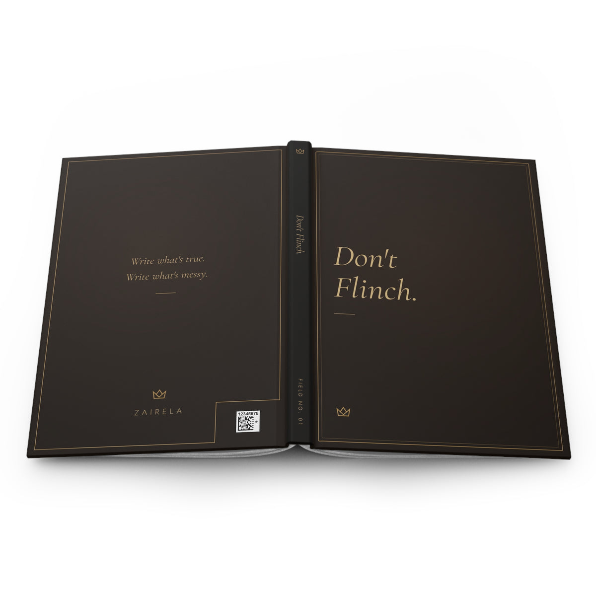 Don't Flinch journal laid open to show the full-wrap design across the back cover, spine and front cover