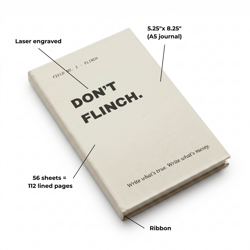 Don't Flinch journal with black satin ribbon bookmark and gift box packaging