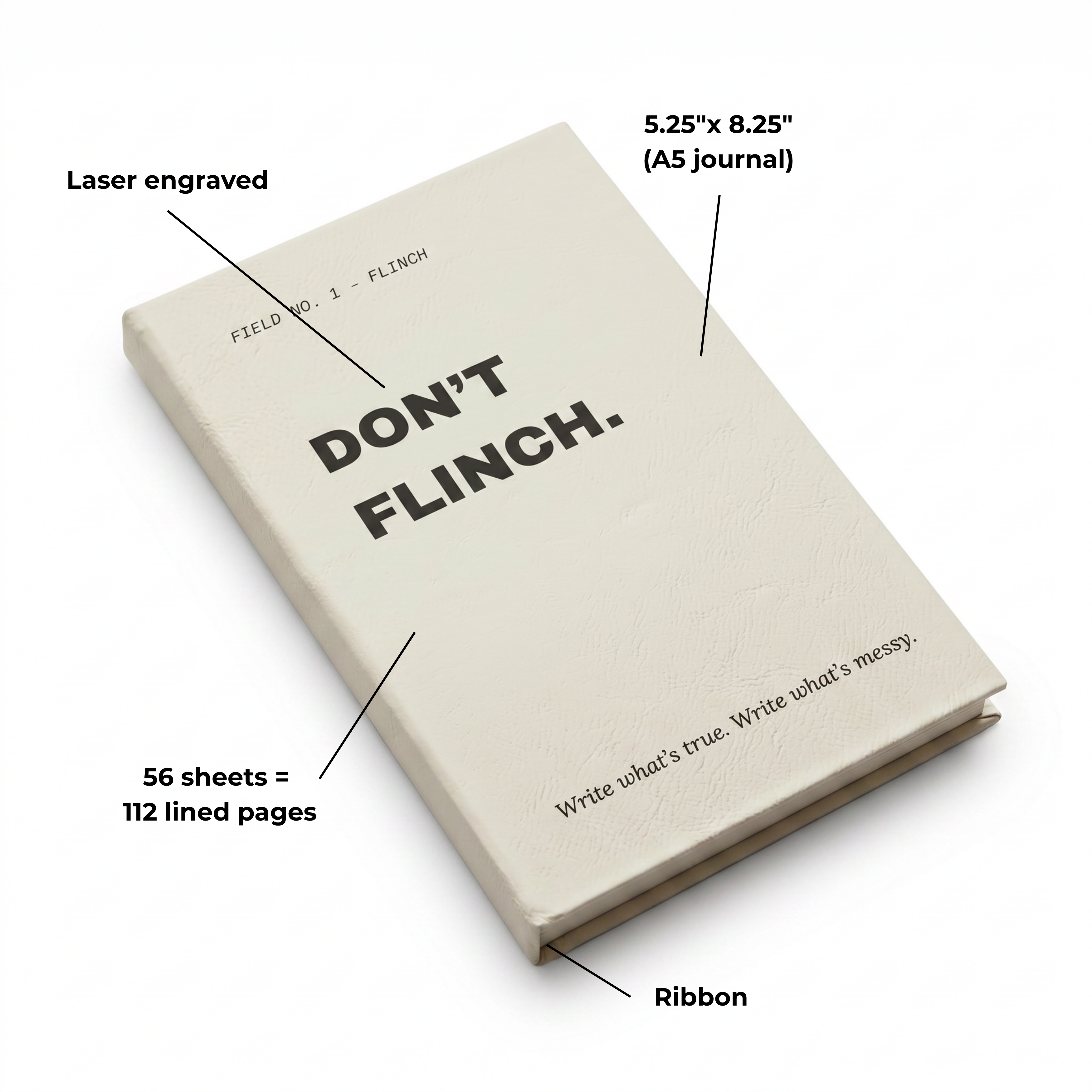 Don't Flinch journal with black satin ribbon bookmark and gift box packaging