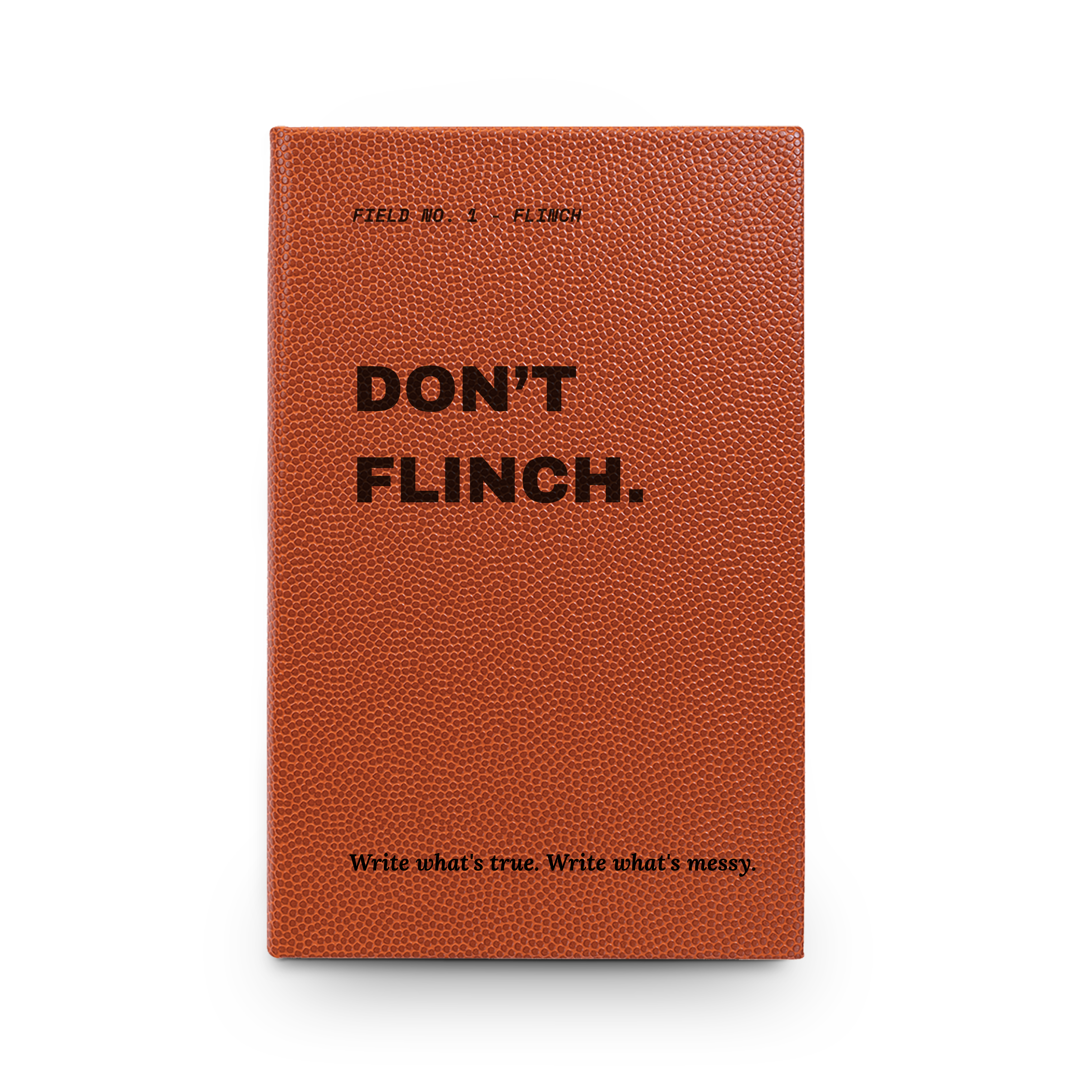 Don't Flinch personalized leather journal in pink colorway with black engraving
