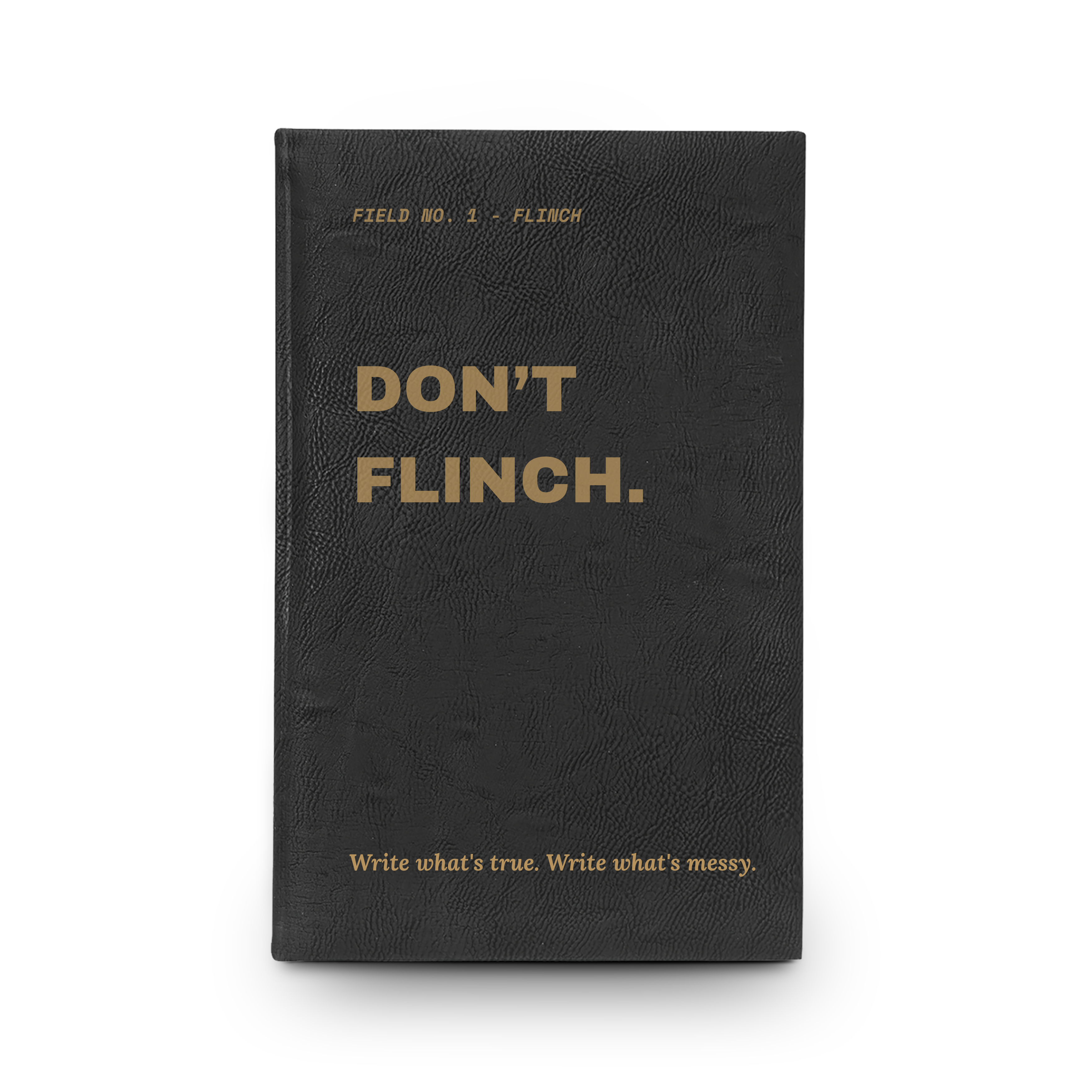 Don't Flinch leather journal in purple colorway with black gift box packaging
