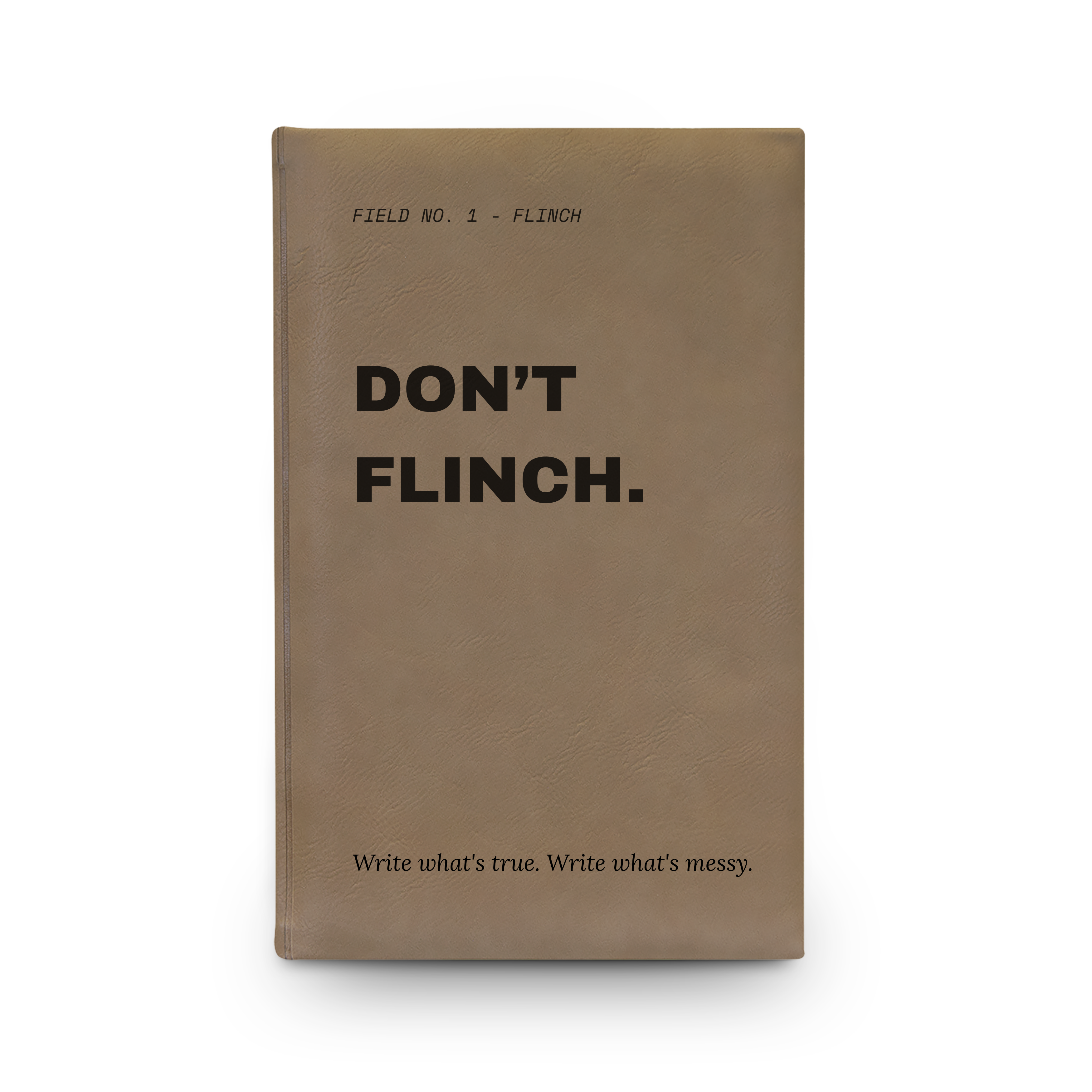 Don't Flinch leather journal in white colorway with bold black engraved lettering