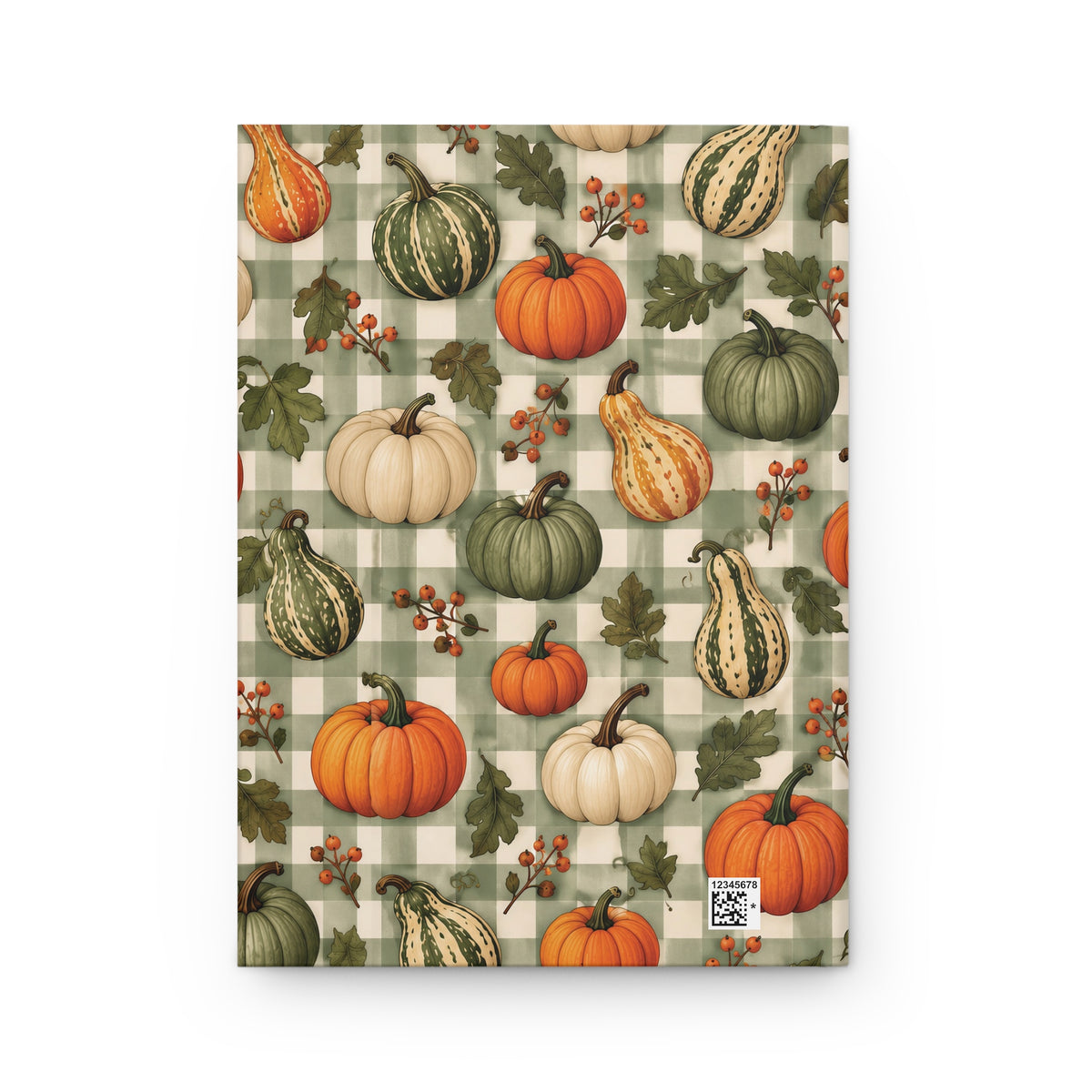 Back cover of the fall pumpkin gingham journal with a small production barcode at the bottom right