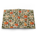 Full-wrap farmhouse pumpkin patch print laid flat: orange, cream and green pumpkins on sage gingham across back, spine and front