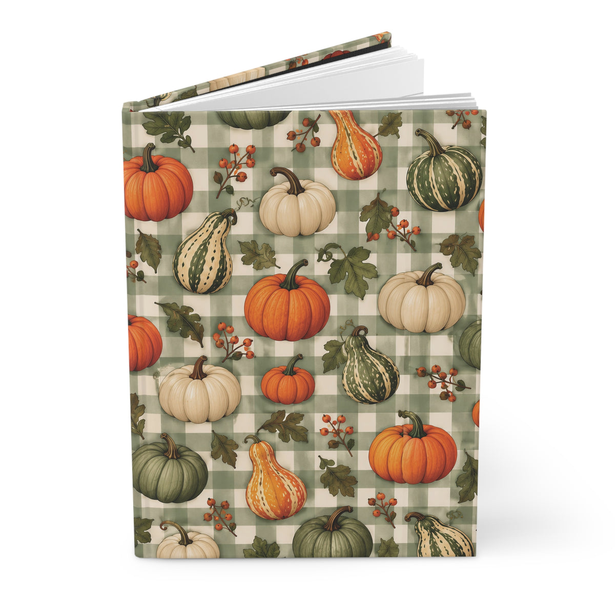 Farmhouse pumpkin journal standing upright with a pen resting on top, showing the matte cover