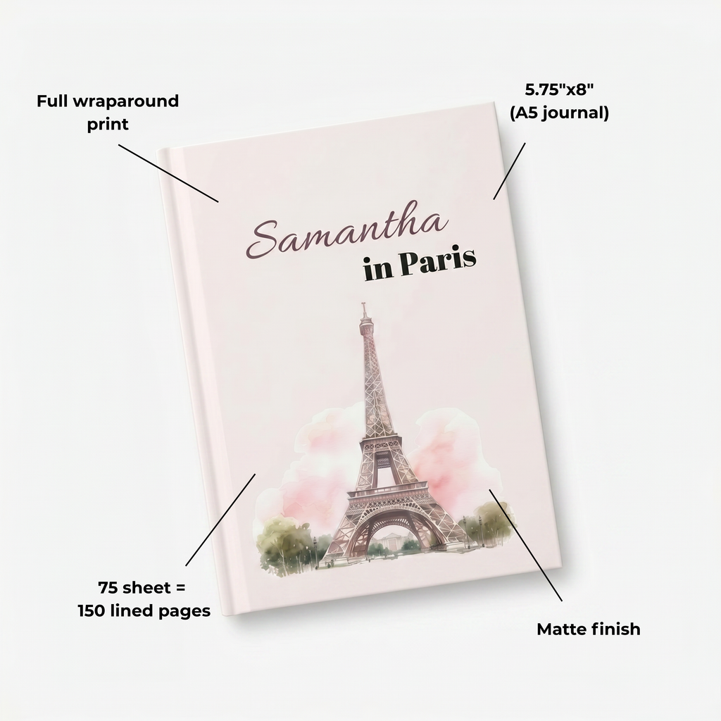 Personalized Paris Travel Journal — Custom Name Hardcover Notebook
