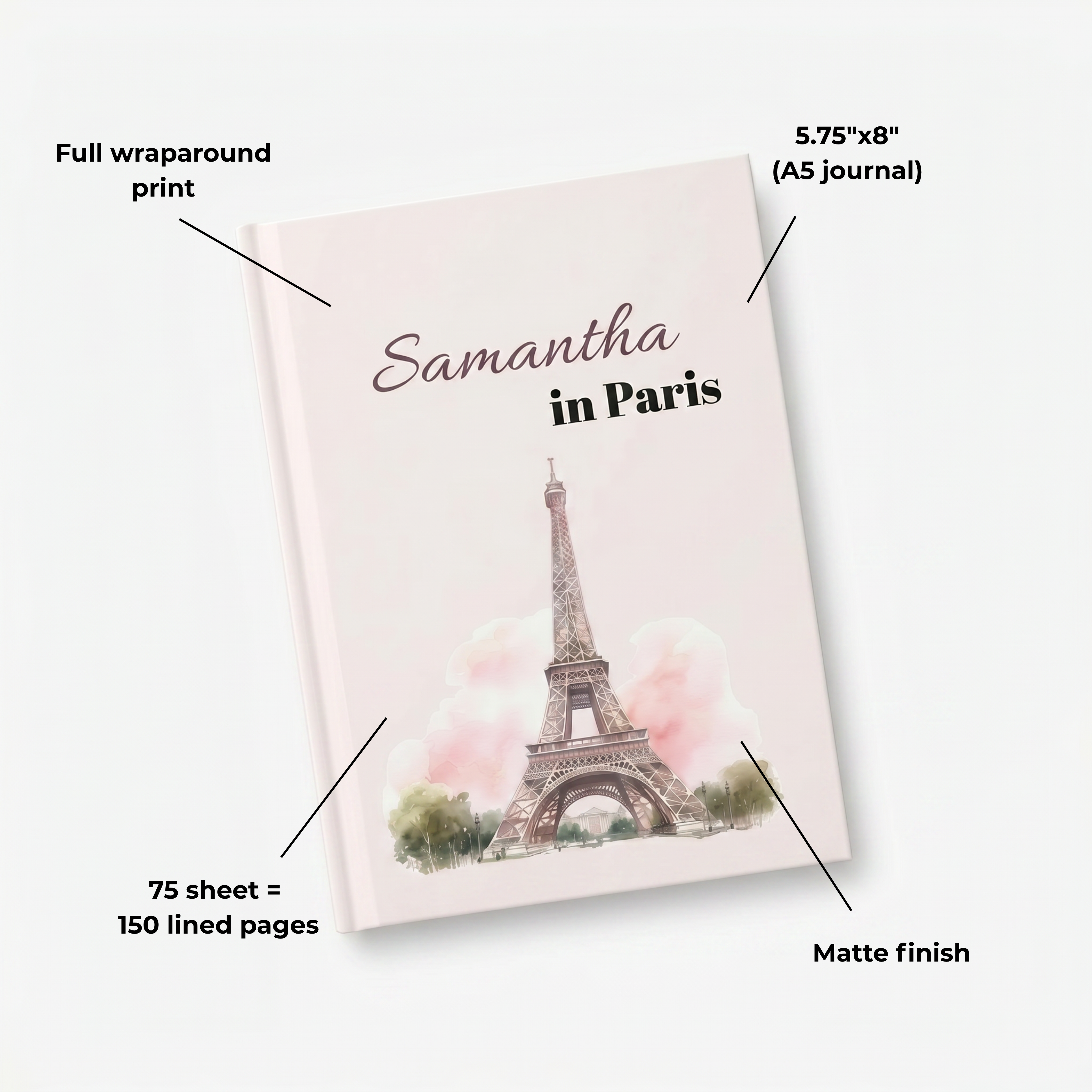 Personalized Paris Travel Journal — Custom Name Hardcover Notebook