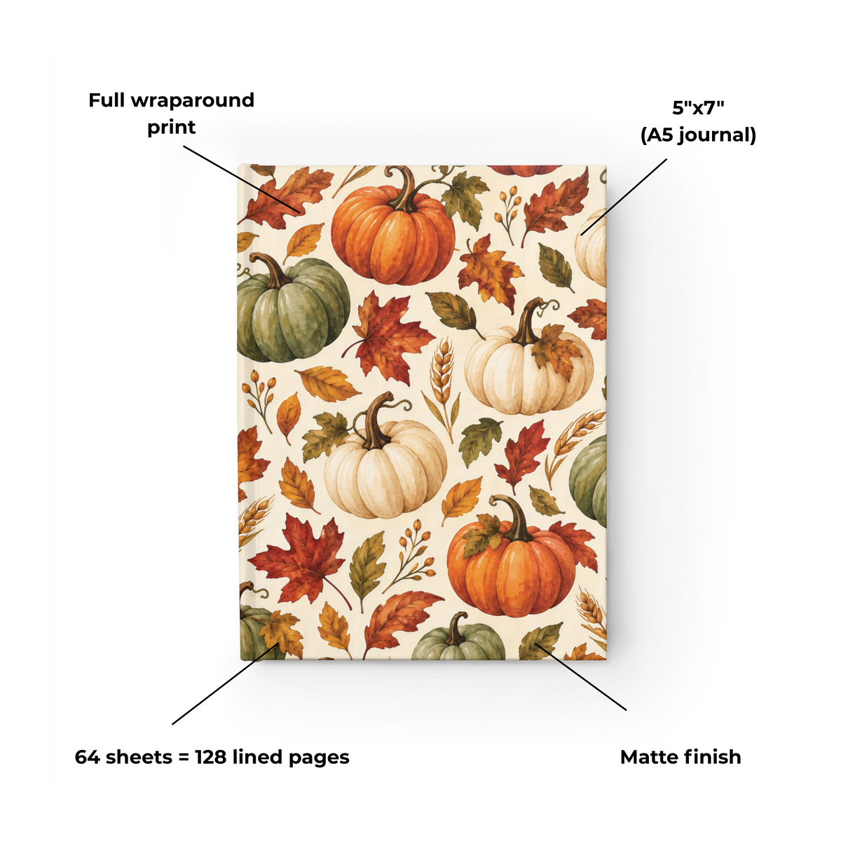 Autumn Pumpkins watercolor fall journal, 5x7 ruled hardcover notebook — photo 7