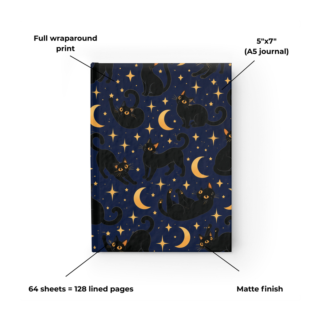 Cats and Moon midnight-blue celestial journal, 5x7 ruled hardcover notebook — photo 8