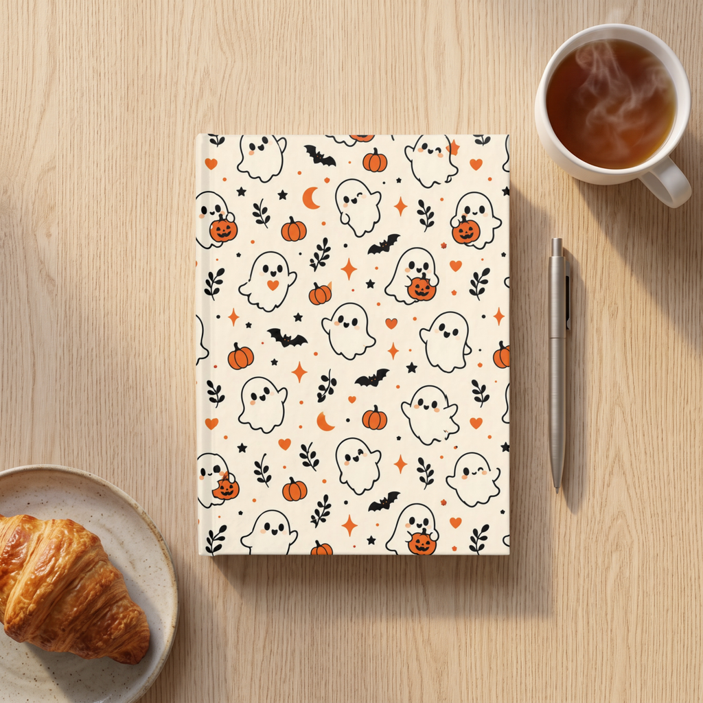 Ditsy Ghost cute Halloween journal on cream, 5x7 ruled hardcover notebook — photo 4