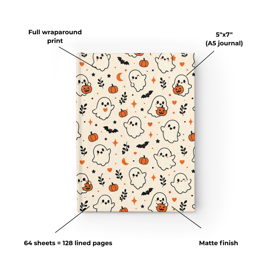 Ditsy Ghost cute Halloween journal on cream, 5x7 ruled hardcover notebook — photo 5
