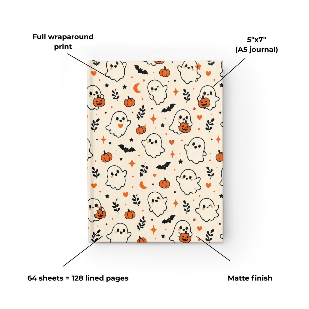 Ditsy Ghost cute Halloween journal on cream, 5x7 ruled hardcover notebook — photo 5