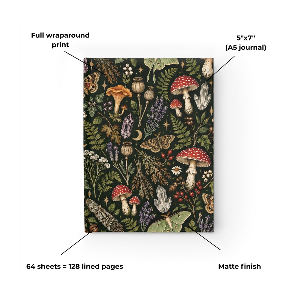 Witchy Botanical deep green mushroom journal, 5x7 ruled cottagecore notebook — photo 8