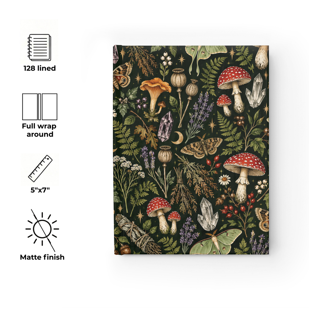 Witchy Botanical deep green mushroom journal, 5x7 ruled cottagecore notebook — photo 7