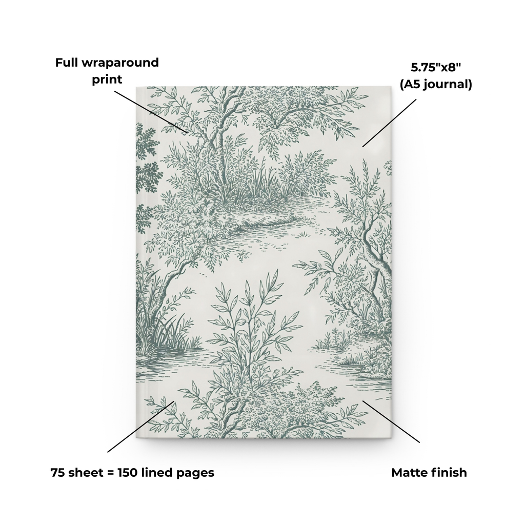 Green Toile de Jouy journal features: full wraparound print, matte finish and 150 lined pages