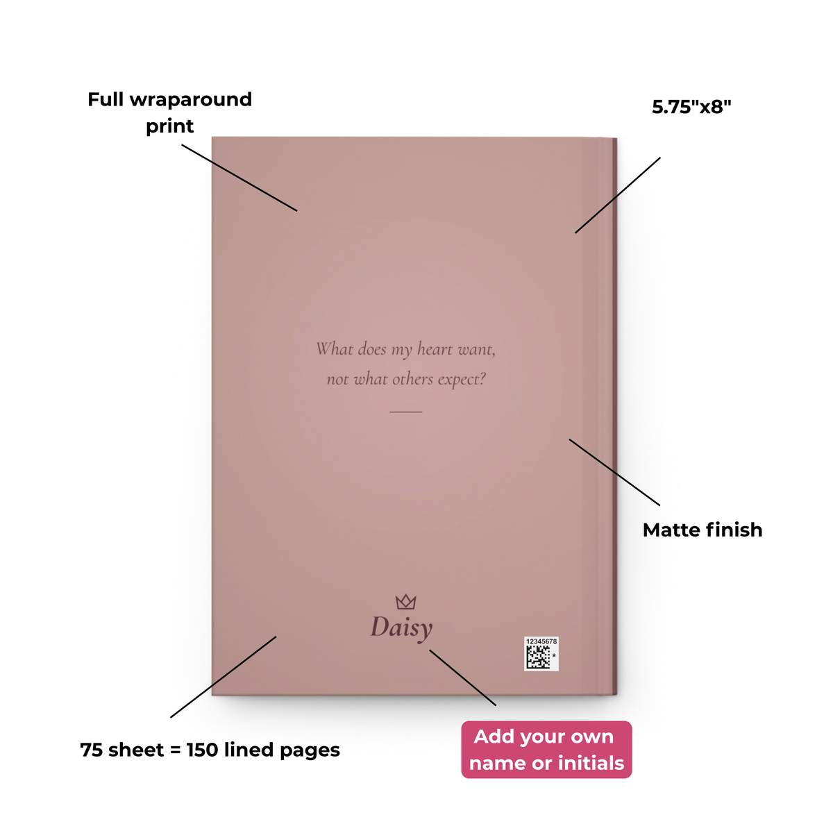 You Do You dusty rose journal cover with labeled feature callouts