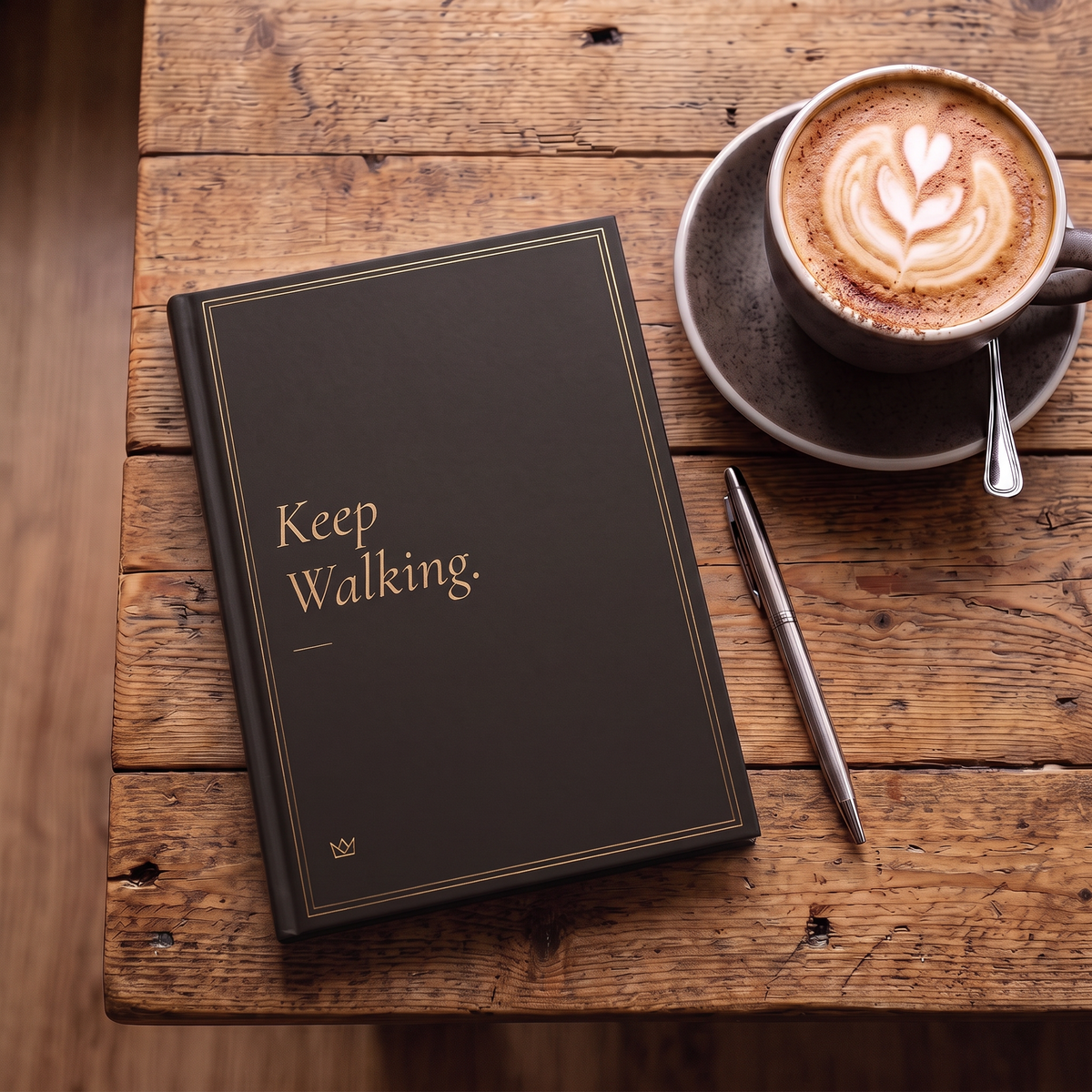 Brown and gold Keep Walking journal on a rustic wooden table next to a latte and a pen