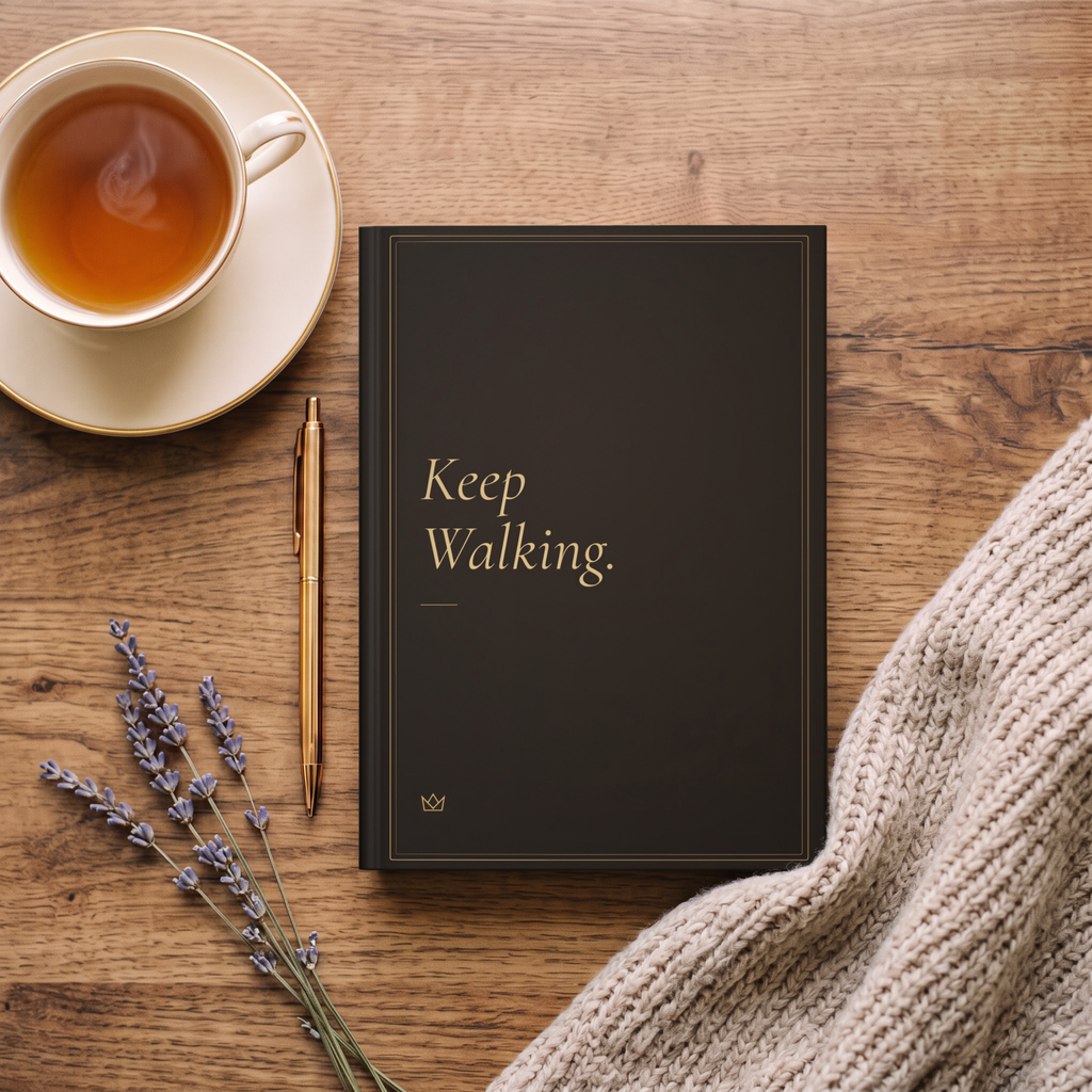 Keep Walking journal on a wooden table with a cup of tea, dried lavender and a knit sweater