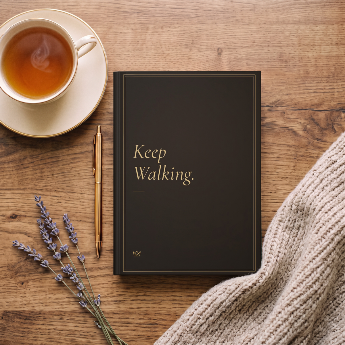 Keep Walking journal on a wooden table with a cup of tea, dried lavender and a knit sweater
