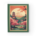 Notebook with a Japanese landscape design featuring a pagoda and cherry blossoms on a white background.