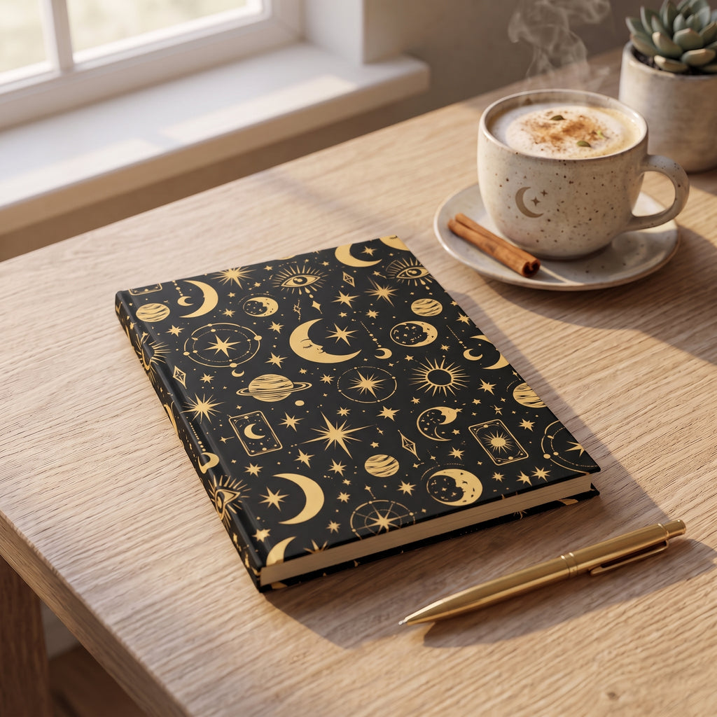 A black hardcover notebook with a gold celestial pattern of moons, stars, and tarot cards, styled on a wooden table next to a cup of coffee, a pen, and a small succulent.