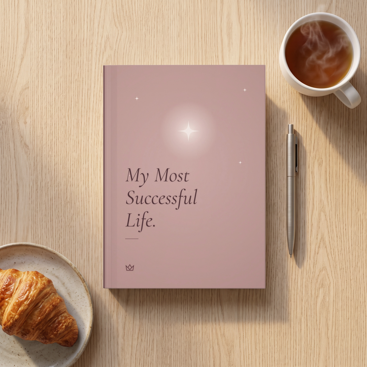 My Most Successful Life manifestation journal on a wooden table with a croissant, a cup of tea and a pen