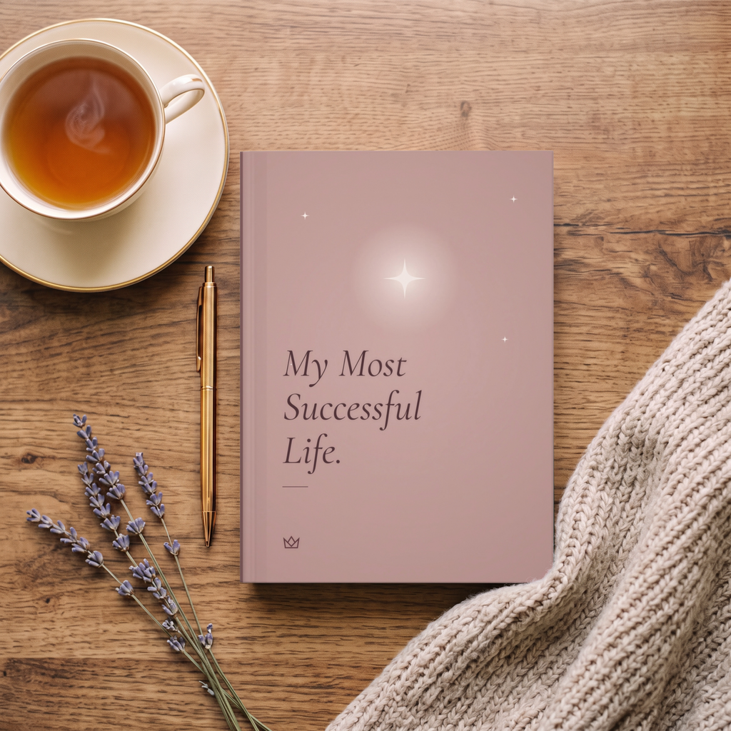 Dusty rose My Most Successful Life journal on a wooden table with a cup of tea, dried lavender and a cozy knit sweater