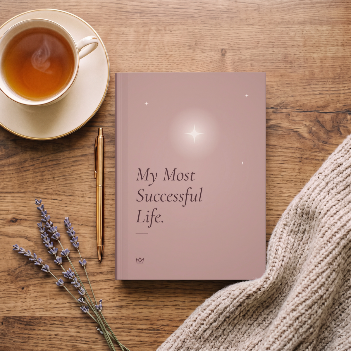 Dusty rose My Most Successful Life journal on a wooden table with a cup of tea, dried lavender and a cozy knit sweater