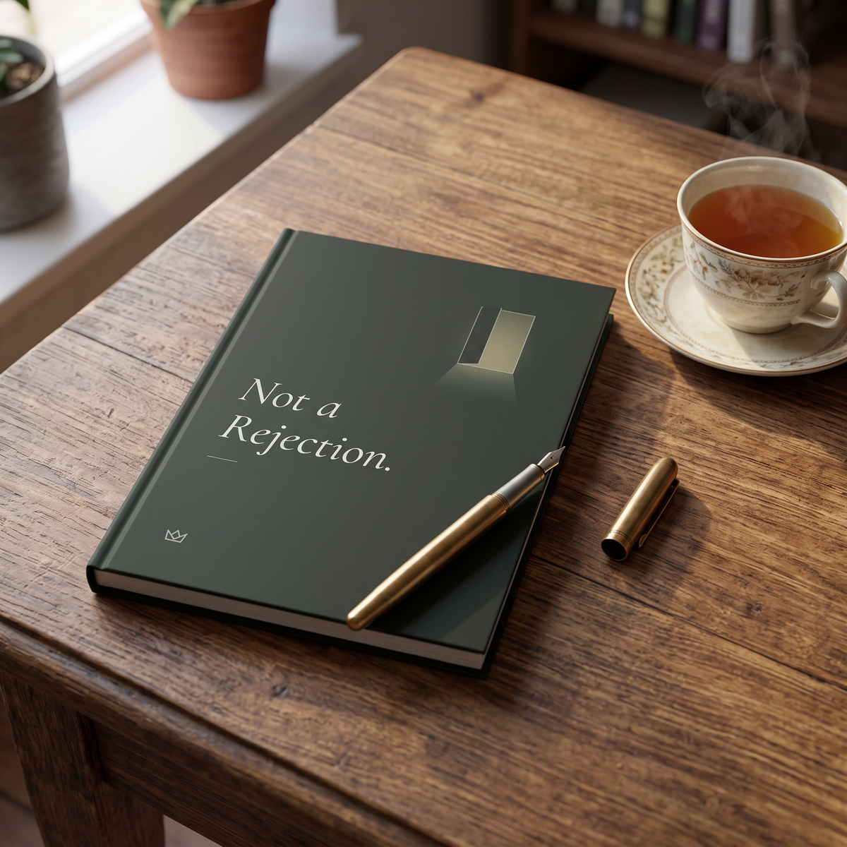 Forest-green Not a Rejection journal on a wooden table next to a cup of tea and a pen