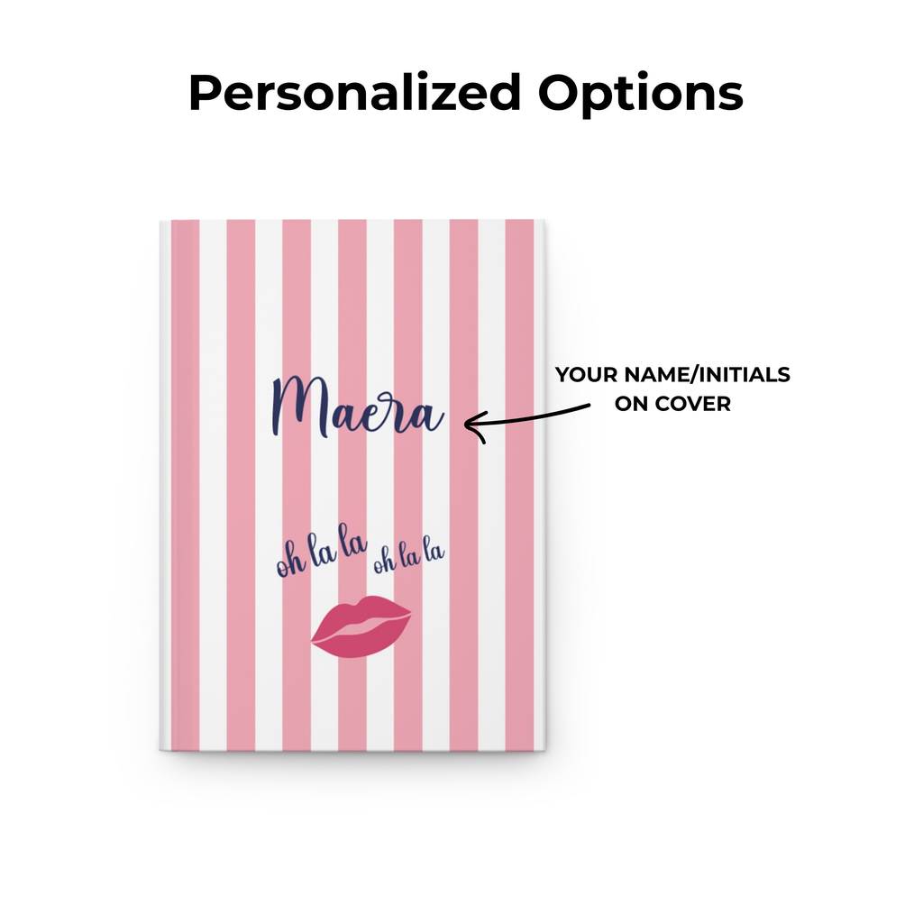 Personalization options for the Oh La La journal showing where the custom name appears on the cover