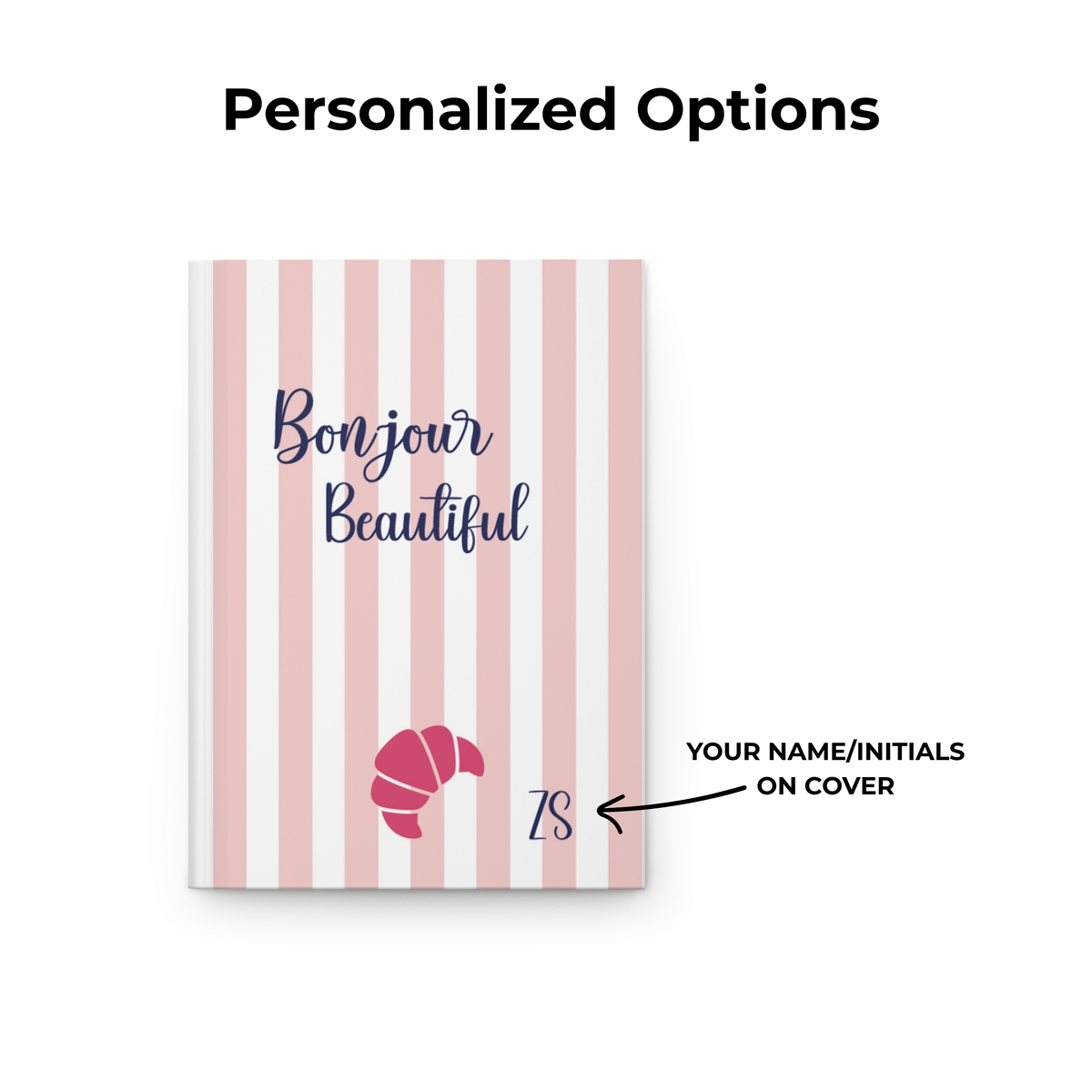 Personalization options for the Bonjour Beautiful journal showing where the custom initials appear