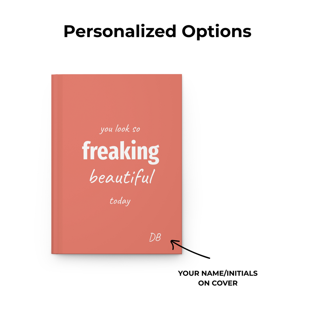 Personalization options for the coral Freaking Beautiful journal showing where the custom initials appear