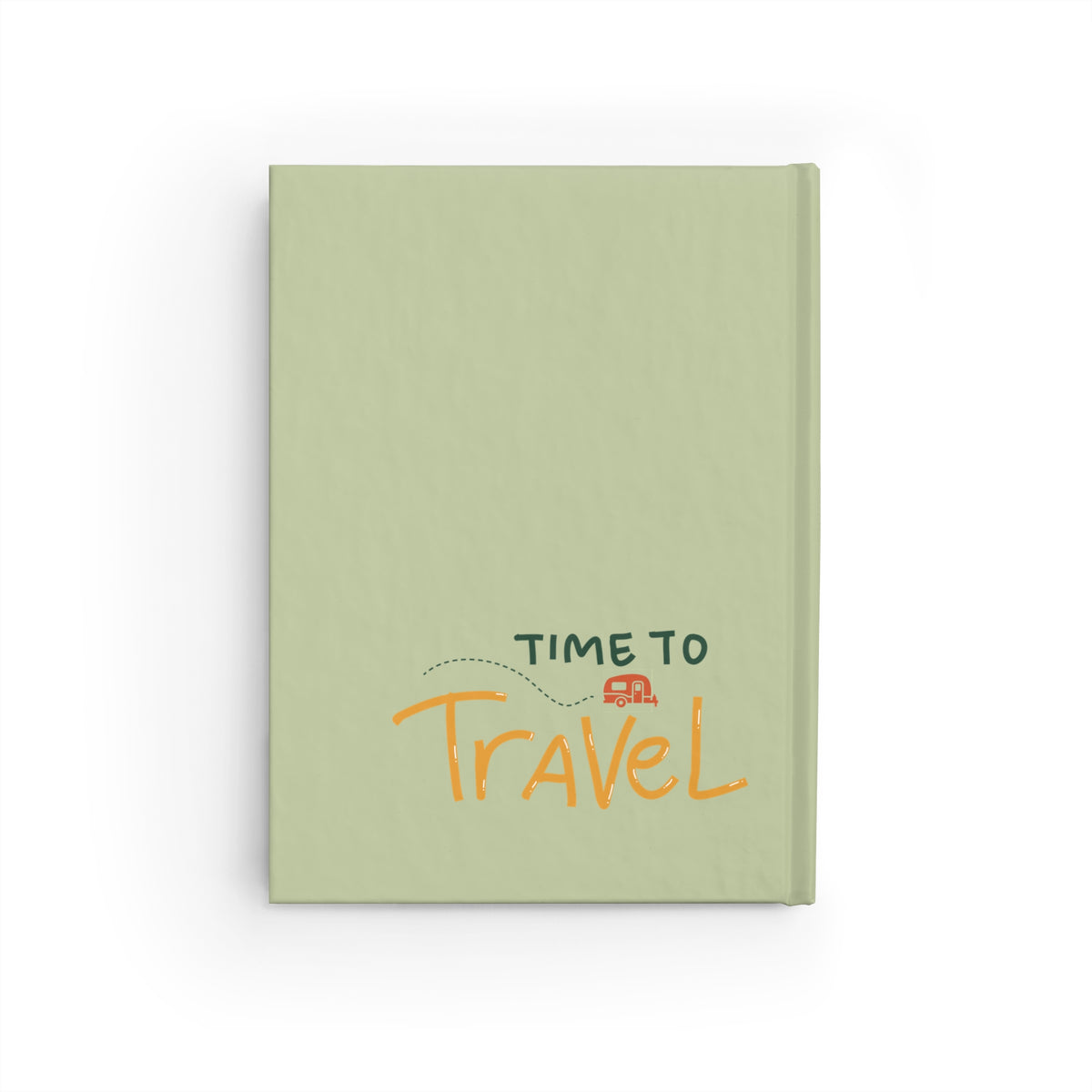 Back cover of the camping travel journal showing the Time to Travel design with an orange caravan