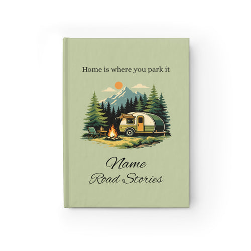 Personalized camping travel journal with sage green hardcover, vintage teardrop trailer illustration and a custom name