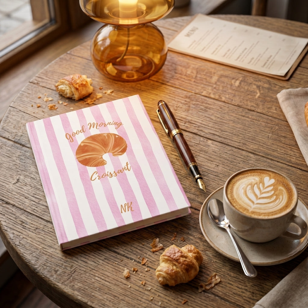 Personalized croissant journal with pink stripe cover and Good Morning Croissant design with custom initials