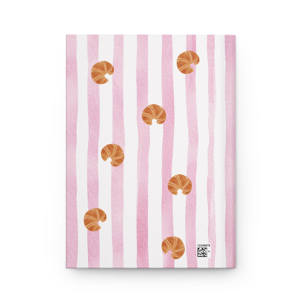 Custom initials hardcover journal open showing ruled pages — croissant design stationery gift
