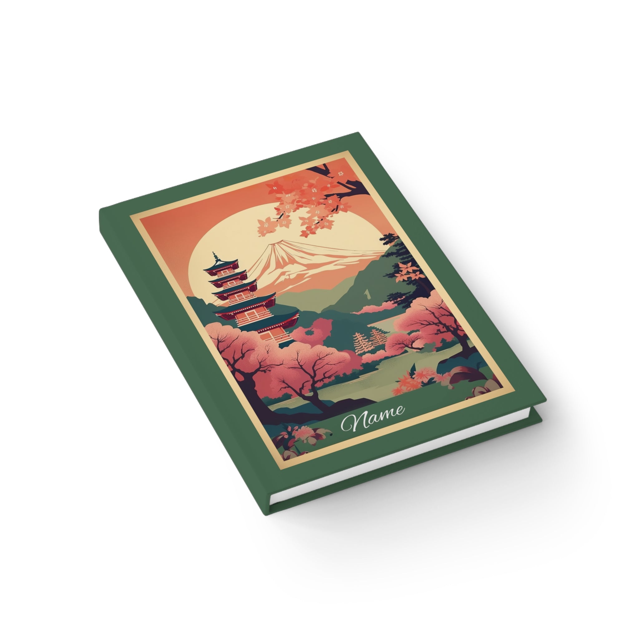 Close-up of Japan journal cover with Mount Fuji and cherry blossom vintage illustration in green and gold