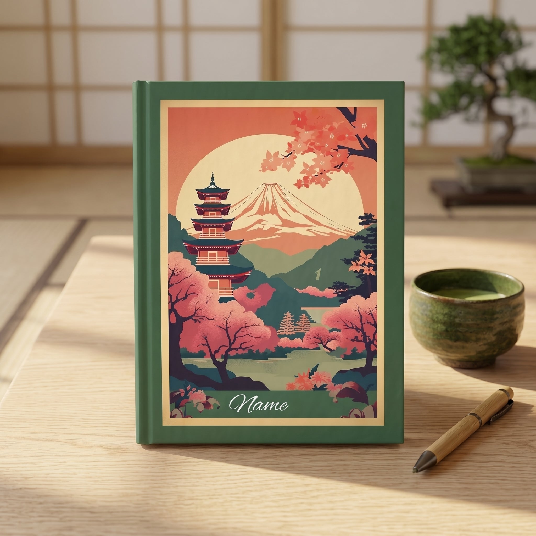 Side view of Japan hardcover journal showing green spine and size — custom name travel gift