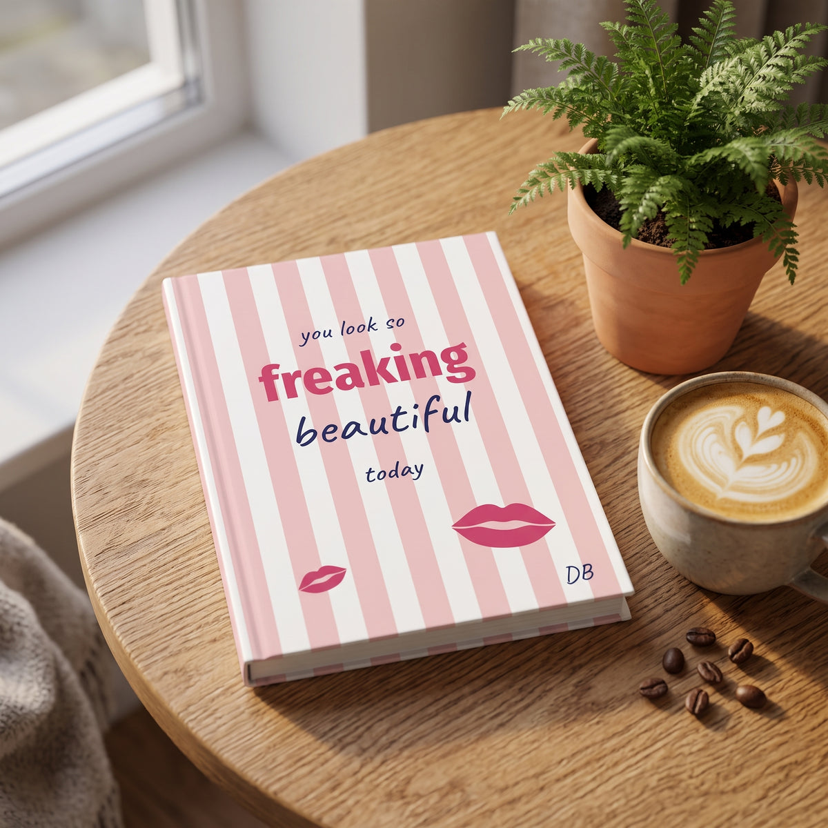 Freaking Beautiful pink striped journal on a round wooden table with a latte and a plant