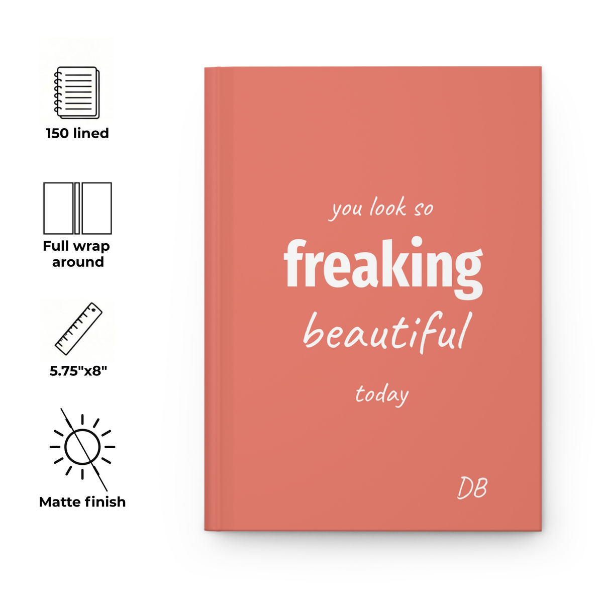 Coral Freaking Beautiful journal with feature icons for pages, size and matte finish