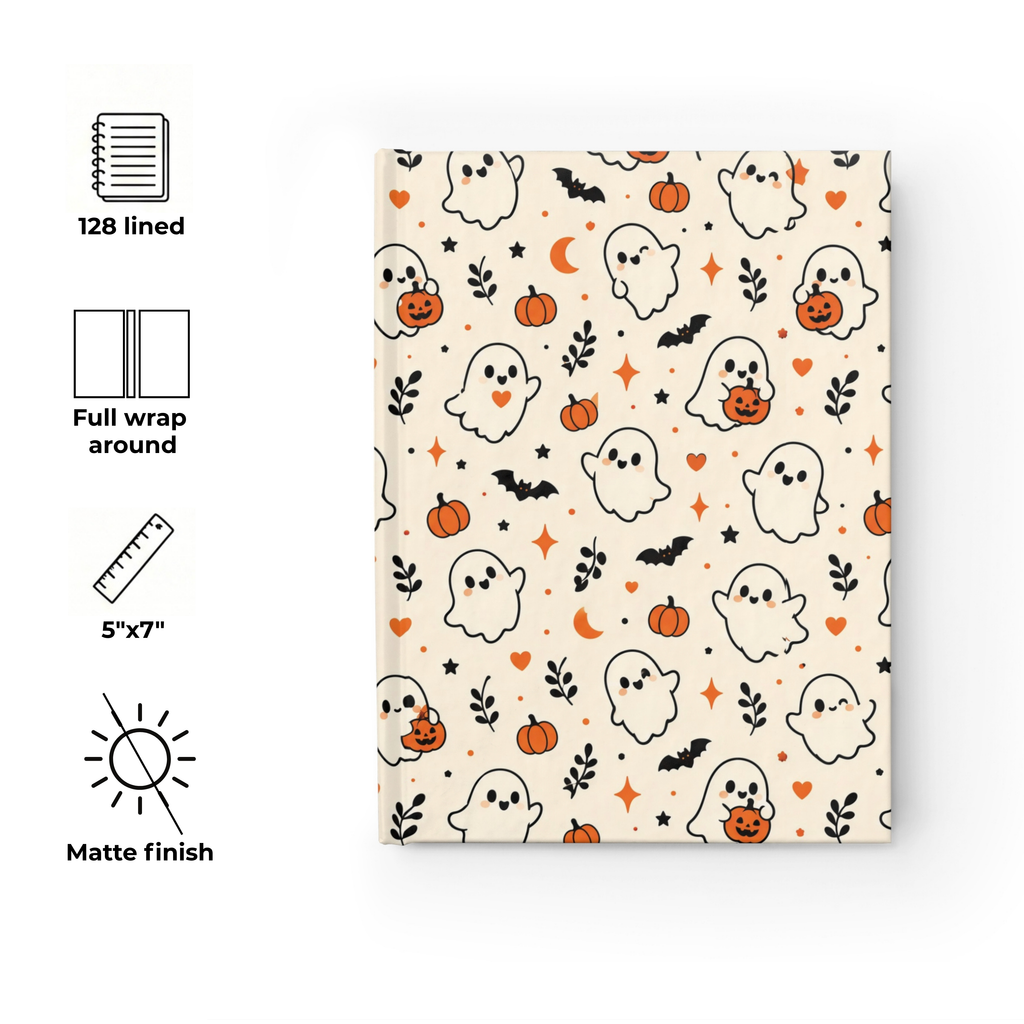 Ditsy Ghost cute Halloween journal on cream, 5x7 ruled hardcover notebook — photo 8
