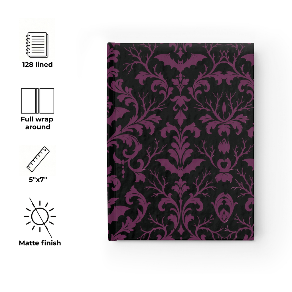 Gothic Damask with Bats black and plum journal, 5x7 ruled dark academia notebook — photo 6